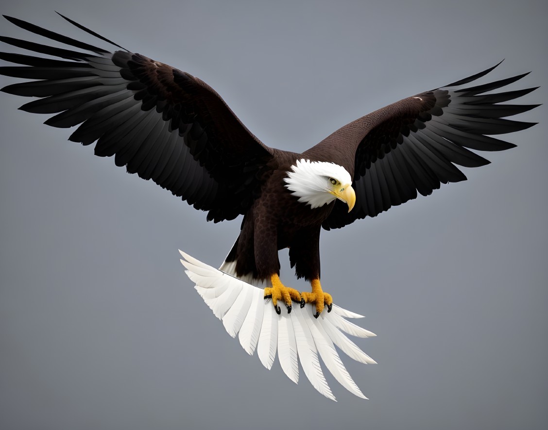 Majestic bald eagle flying with spread wings on gray background