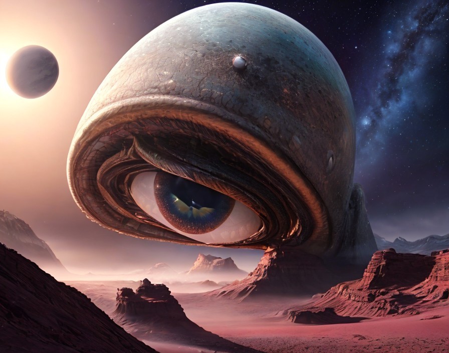 Giant eye-like planet over rocky desert with starry sky