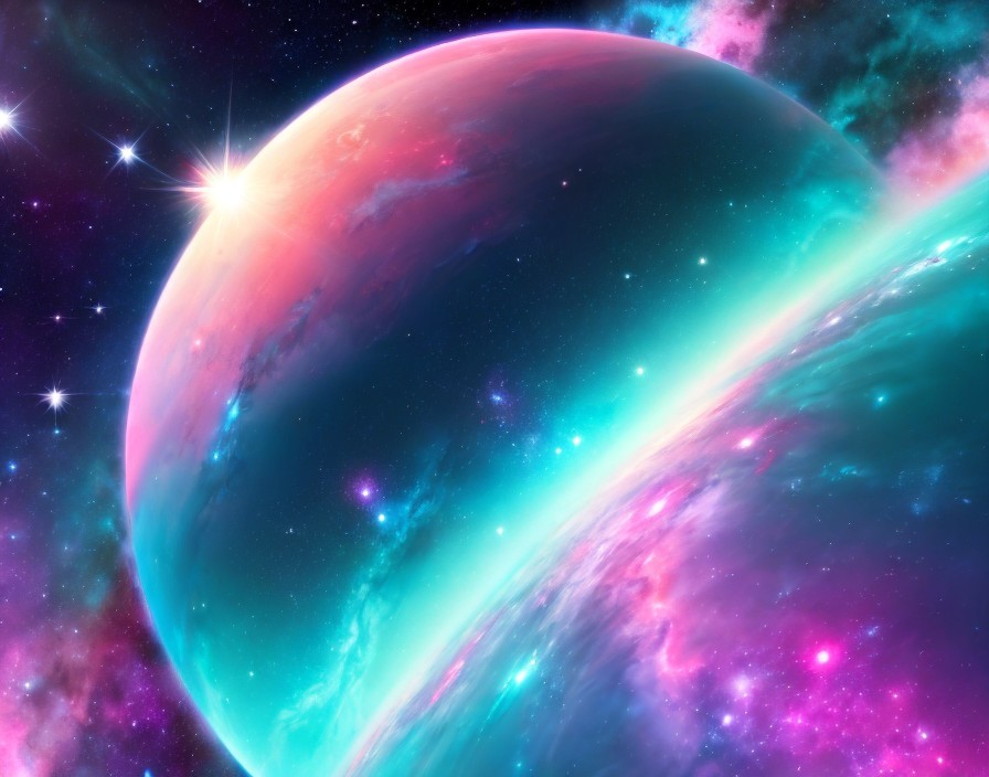 Colorful cosmic scene with large planet and nebula amidst stars.