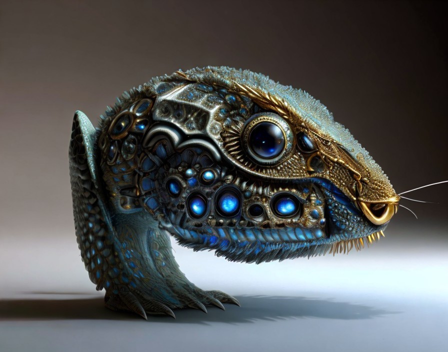Blue-Scaled Creature with Golden Patterns and Mechanical Features