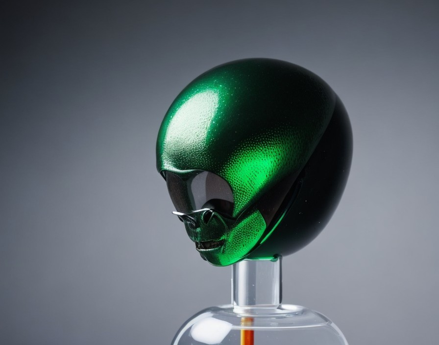 Shiny green alien head sculpture with black eyes on gray gradient background
