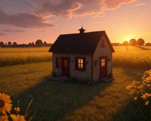 Cozy wooden cabin in lush field at sunset