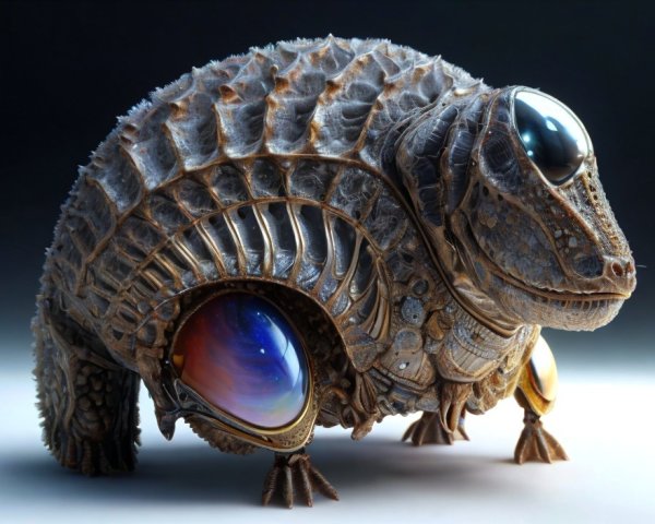Chameleon digital art with mechanical elements and glassy eyes