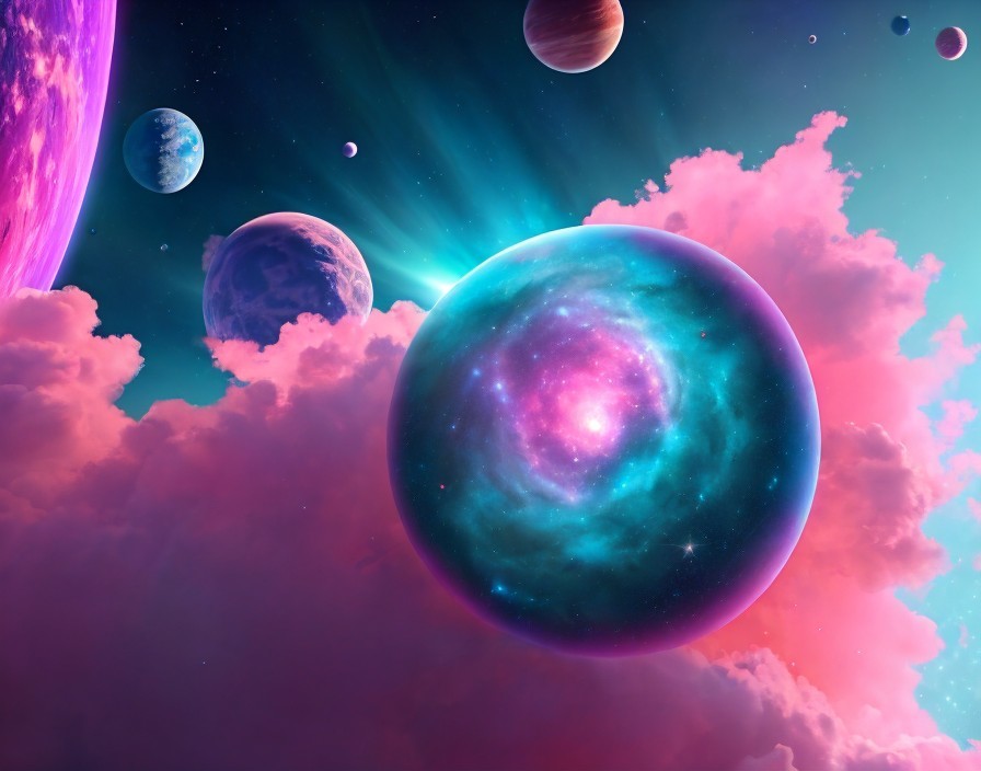 Colorful cosmic scene with swirling galaxy and planets against nebula backdrop