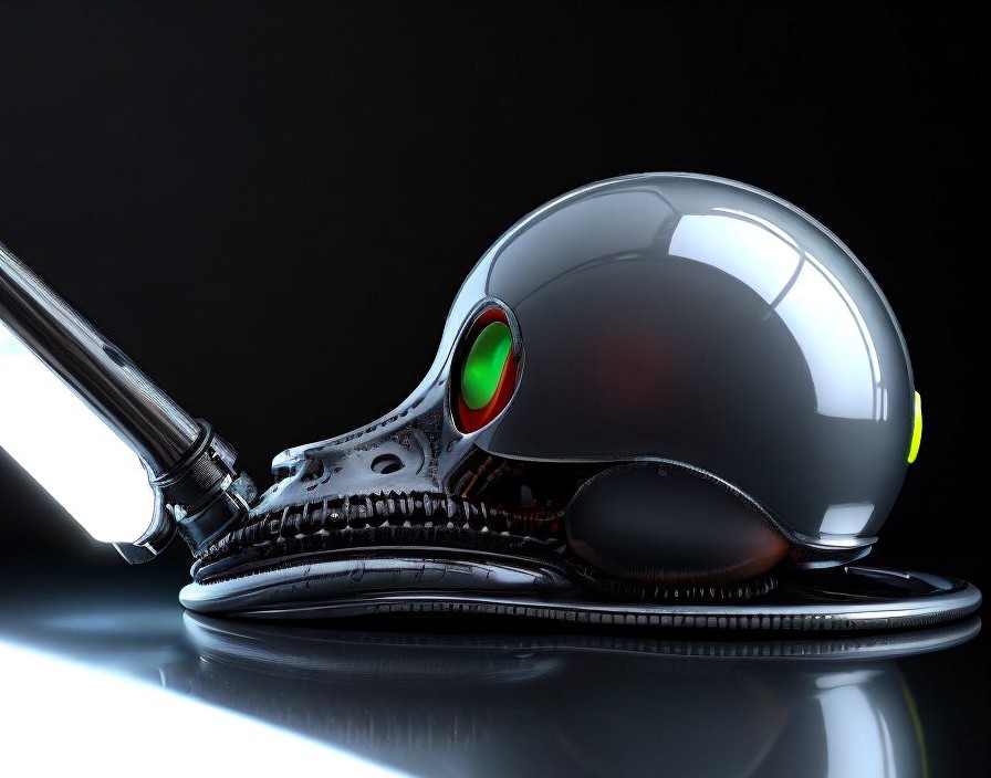 Futuristic black and silver sneaker with transparent bubble sole and high-tech design
