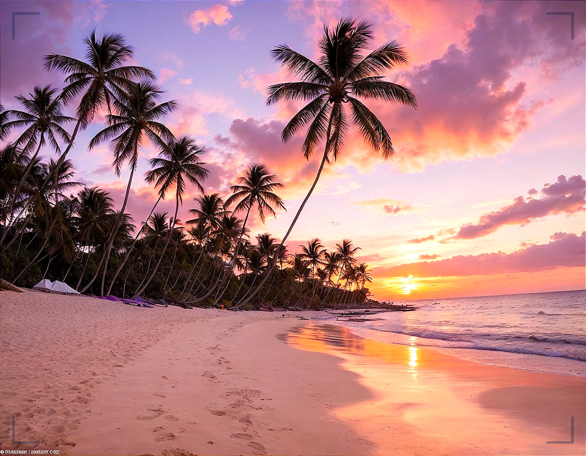 Tropical Beach Sunset with Palm Tree Silhouettes and Pink-Orange Sky