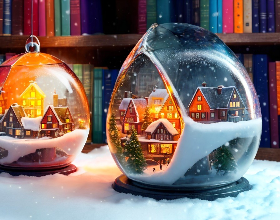 Snow globes with miniature houses on book spines backdrop