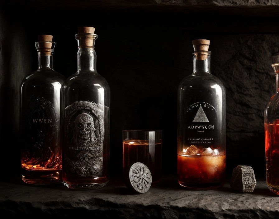 Old-style liquor bottles with intricate labels and glass