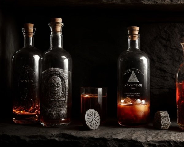 Old-style liquor bottles with intricate labels and glass