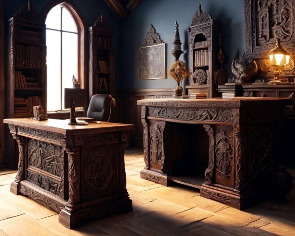 Elegant wooden study with carved desk and shelves, warm lighting