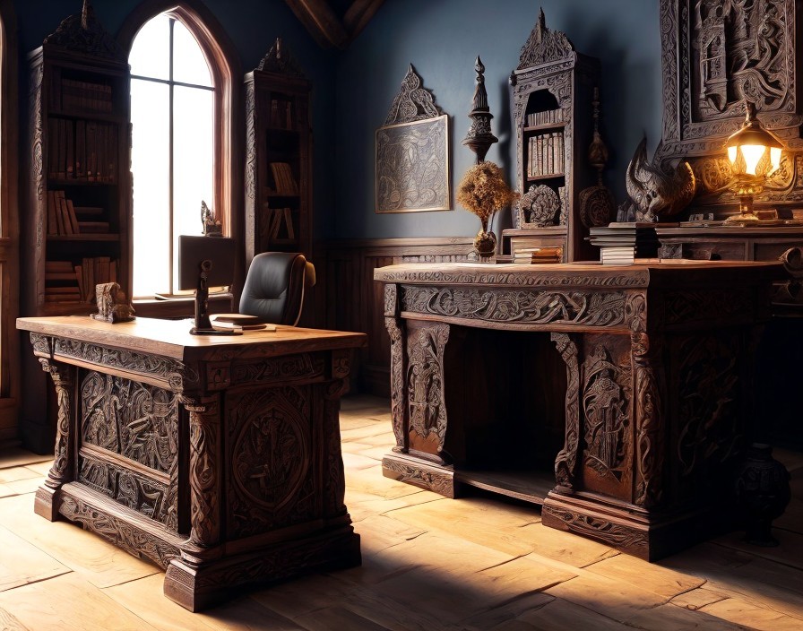 Elegant wooden study with carved desk and shelves, warm lighting