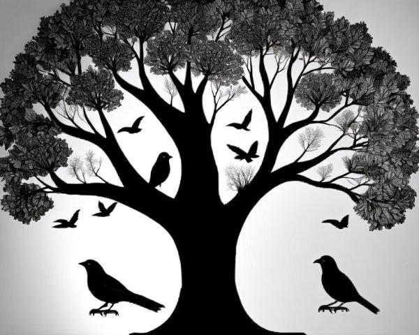 Monochromatic silhouette of tree with birds on branches against light grey background