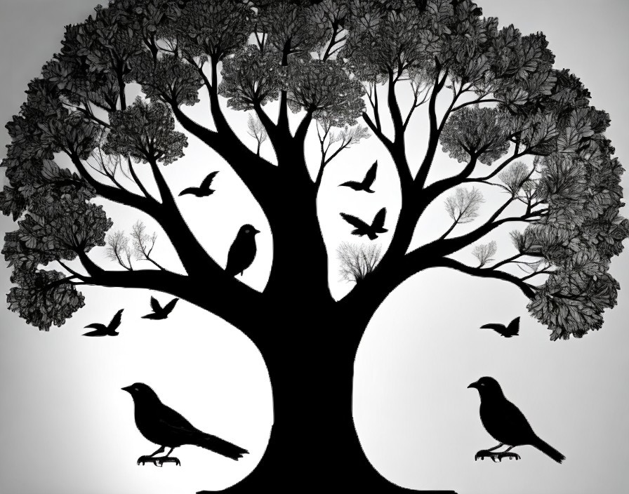 Monochromatic silhouette of tree with birds on branches against light grey background