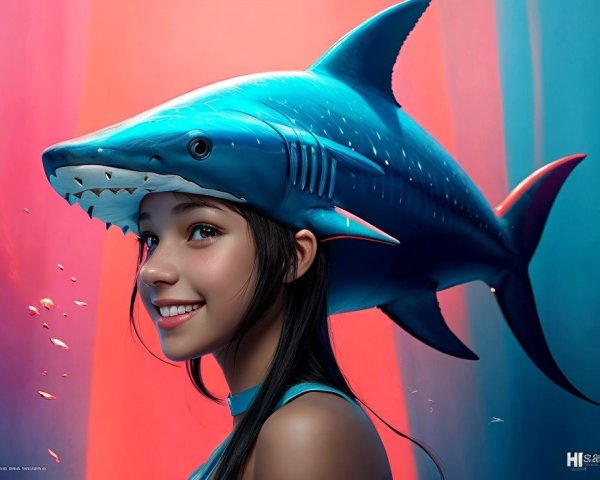 Young woman and blue shark on pink-blue gradient backdrop