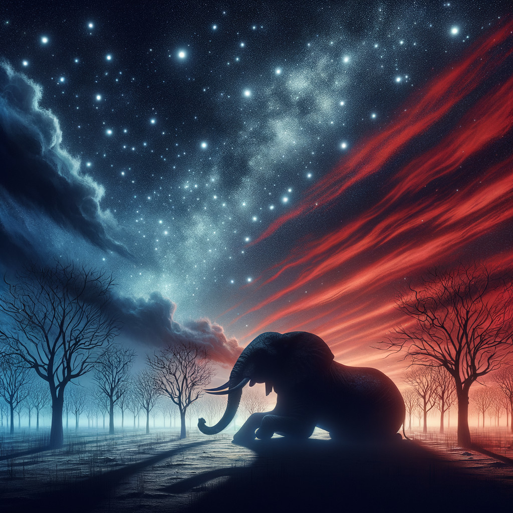 Elephant Silhouette Against Cosmic Sunset Background