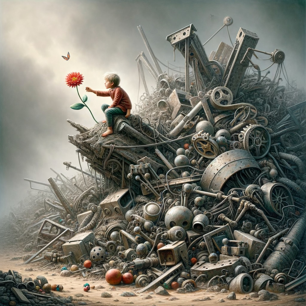 Surreal Landscape of Junk with Child and Flower
