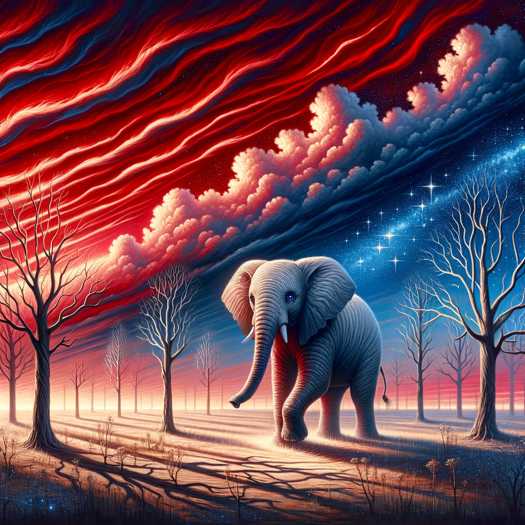 Majestic elephant in a surreal, dreamlike landscape