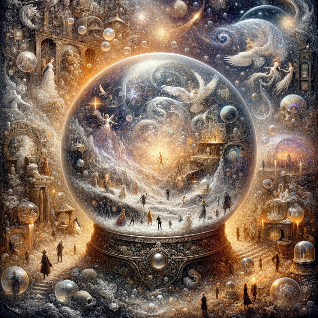 Cosmic Scene in a Glowing Crystal Orb with Galaxies