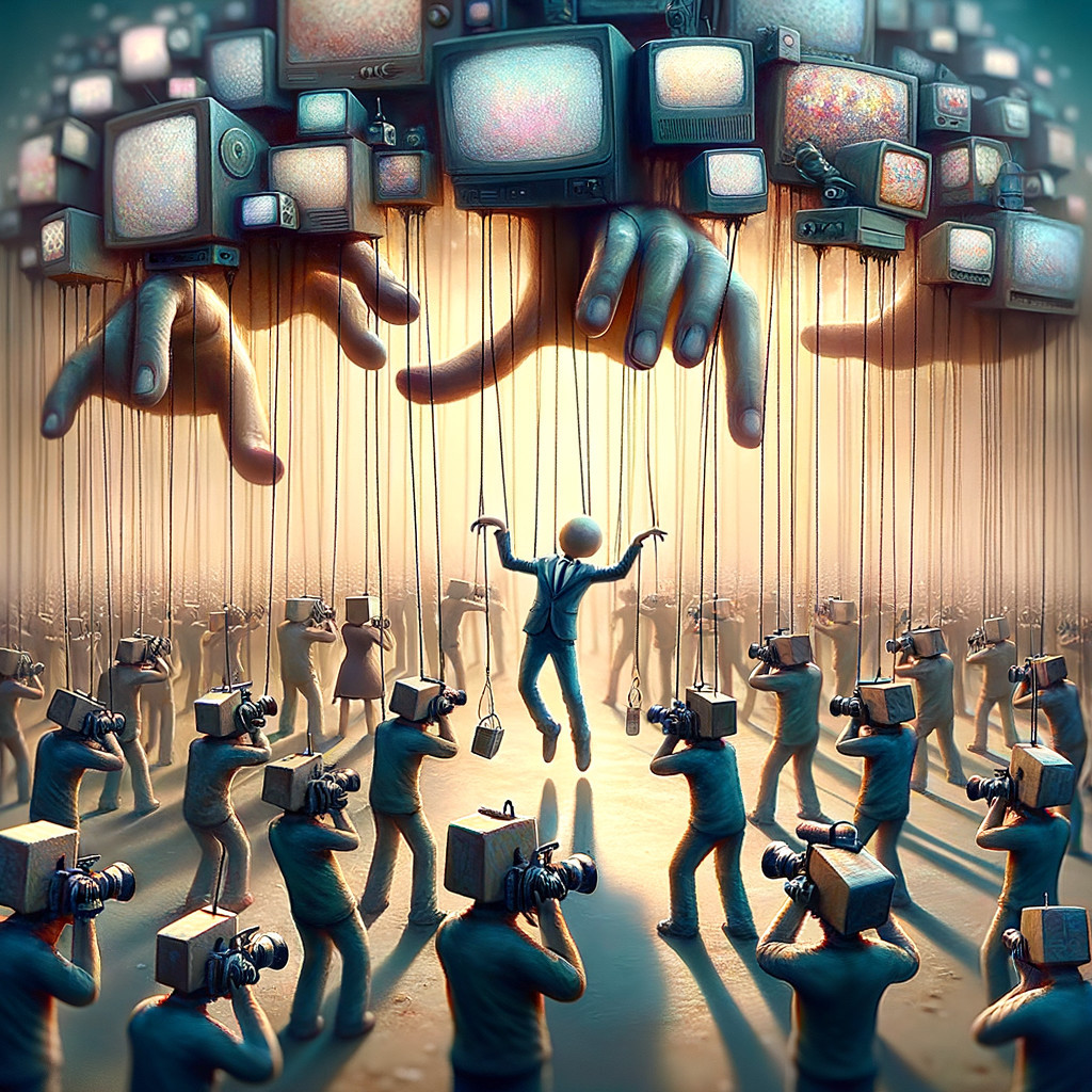 Surreal Scene of Puppet Manipulation and Media Control