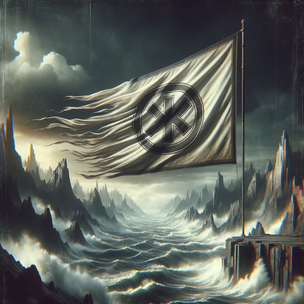 Digital painting of a stormy landscape with a flag