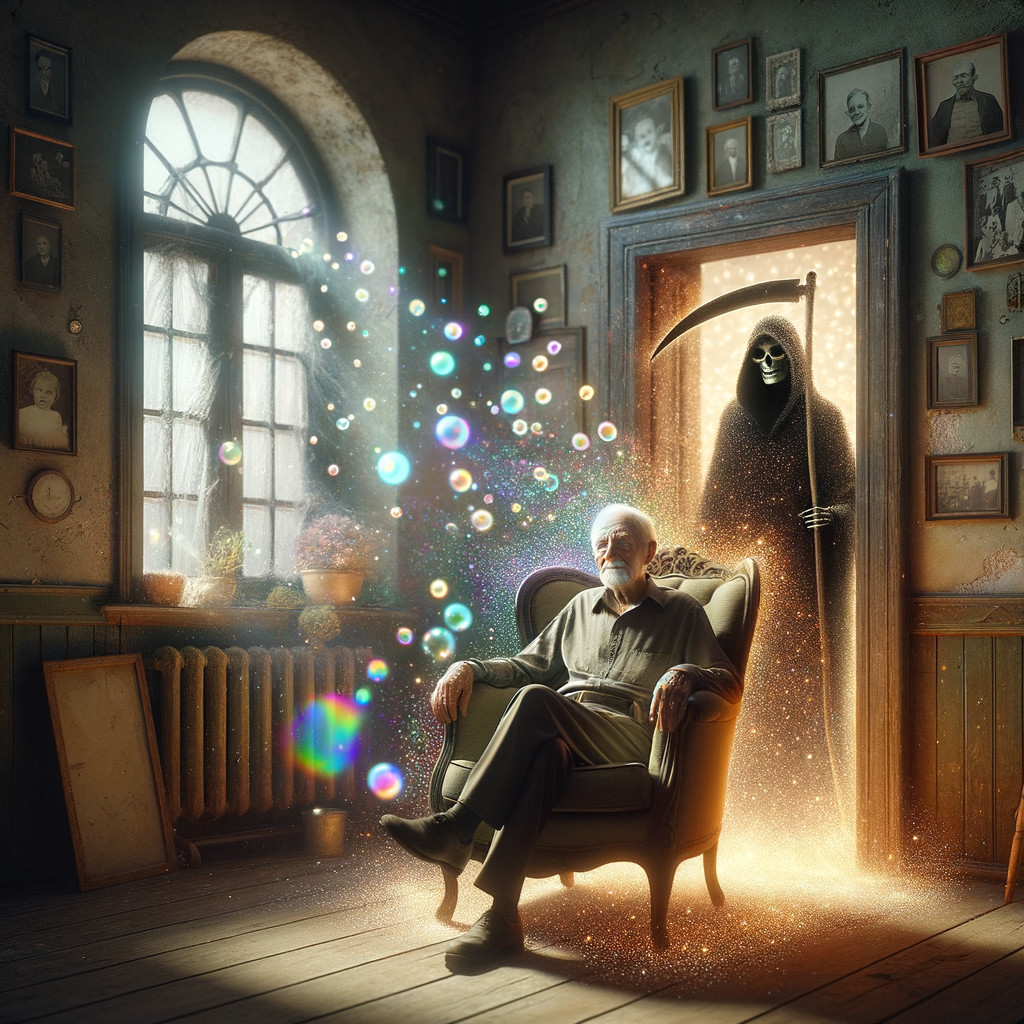 Elderly Man in Armchair with Shadowy Figure and Bubbles