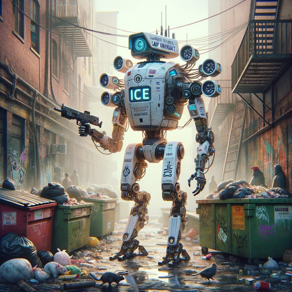 Humanoid Robot in Dystopian Urban Alley Setting