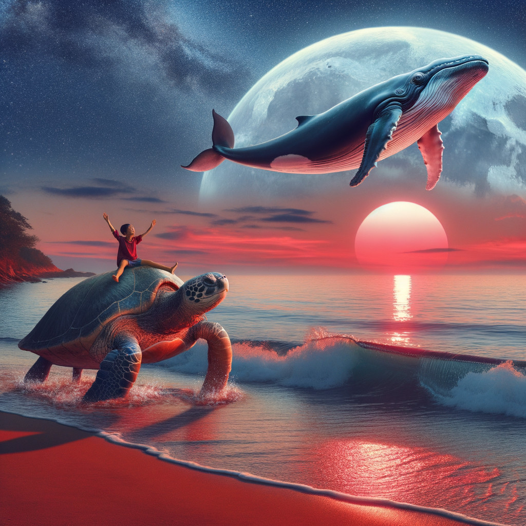 Surreal Seaside Scene with Turtle and Whale Under Moon