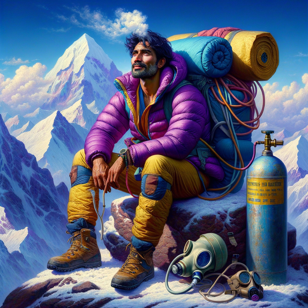 Rugged Mountaineer on Rocky Outcrop with Snow-Capped Peak