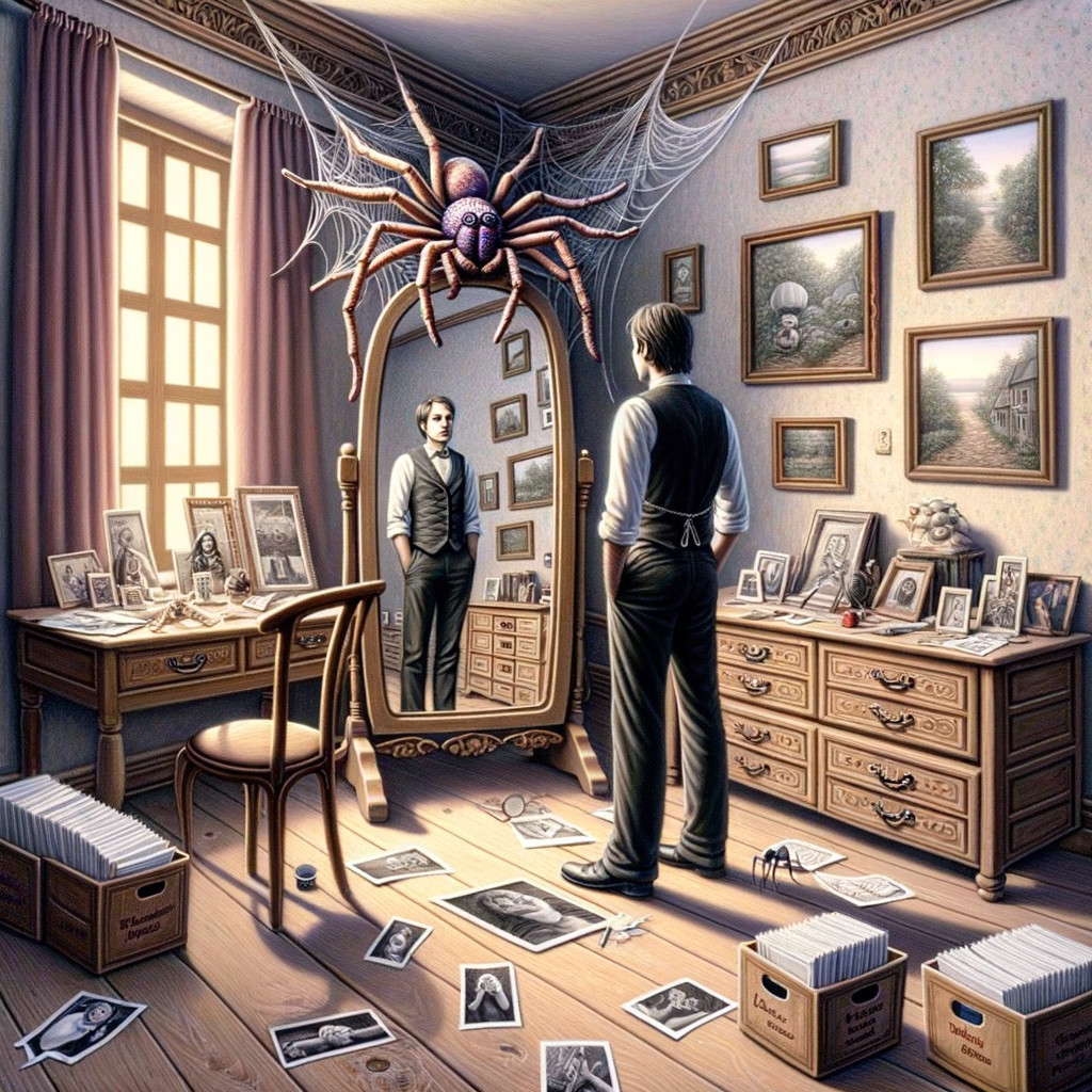 Man in Dim Room with Mirror and Eerie Spider