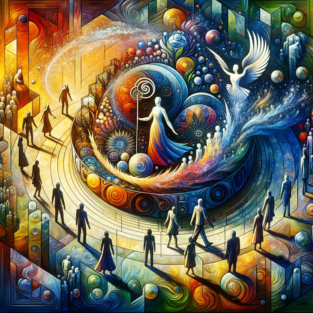 Vibrant Cosmos with Abstract Shapes and Spiritual Themes