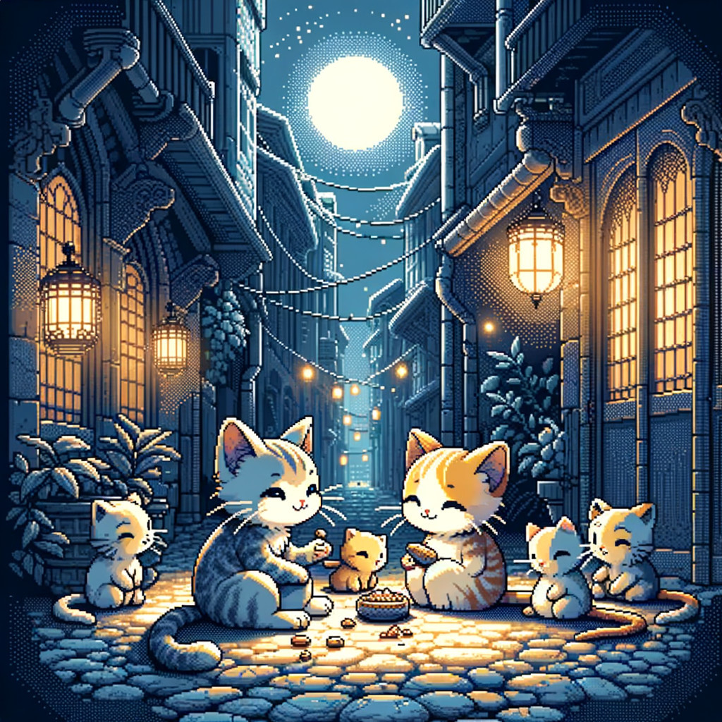 Kittens in a Moonlit Alleyway with Lanterns and Treats