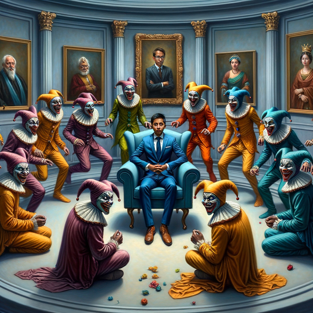 Man in Gallery Surrounded by Colorful Clowns