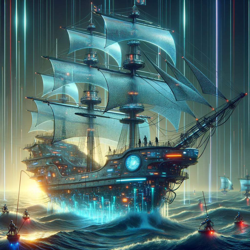 Futuristic Sailing Ship in Glowing Digital Waves