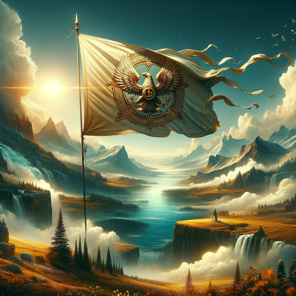 Detailed Fantasy Landscape with Majestic Eagle Flag