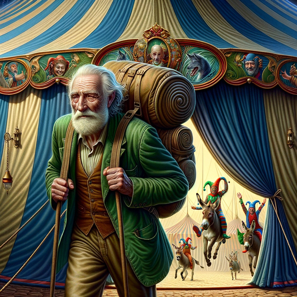 Elderly Man Approaches Colorful Circus Tent Scene
