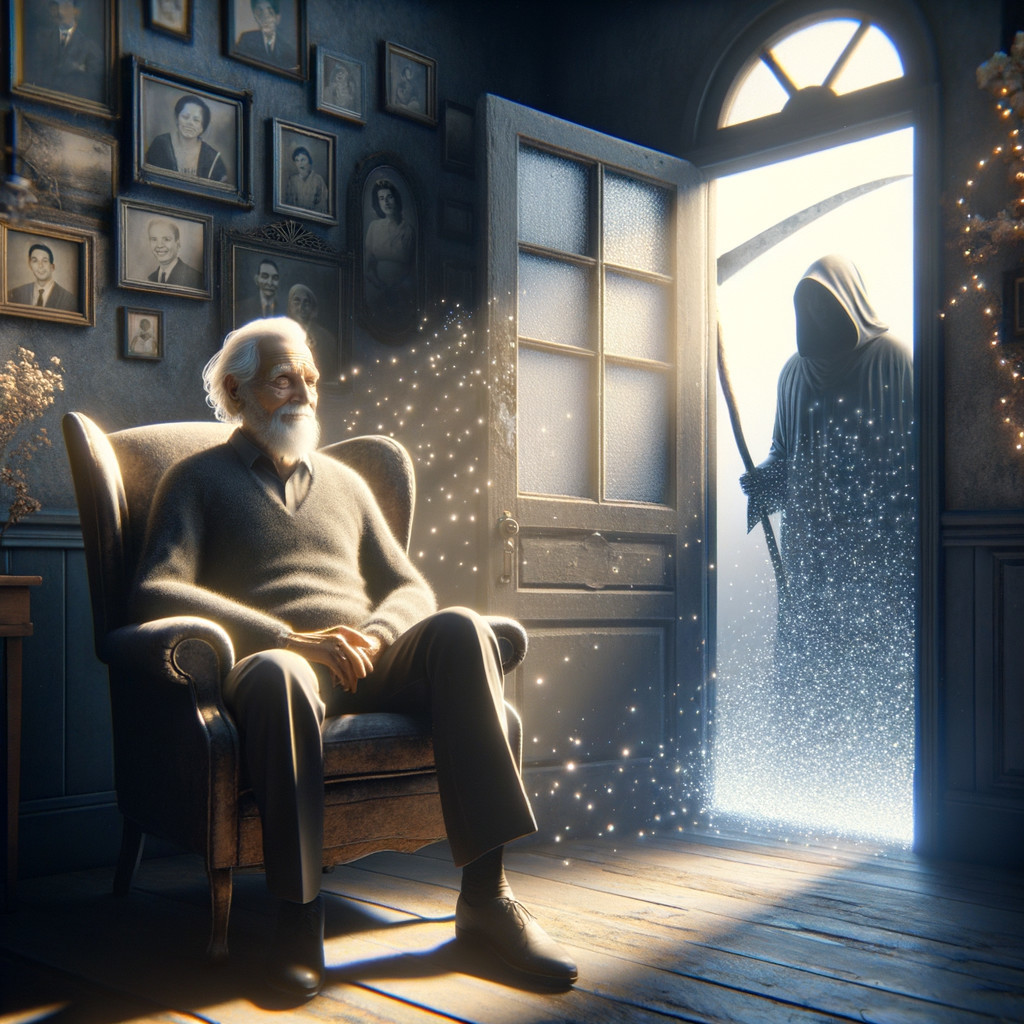 Elderly Man and Spectral Figure in Dimly Lit Room