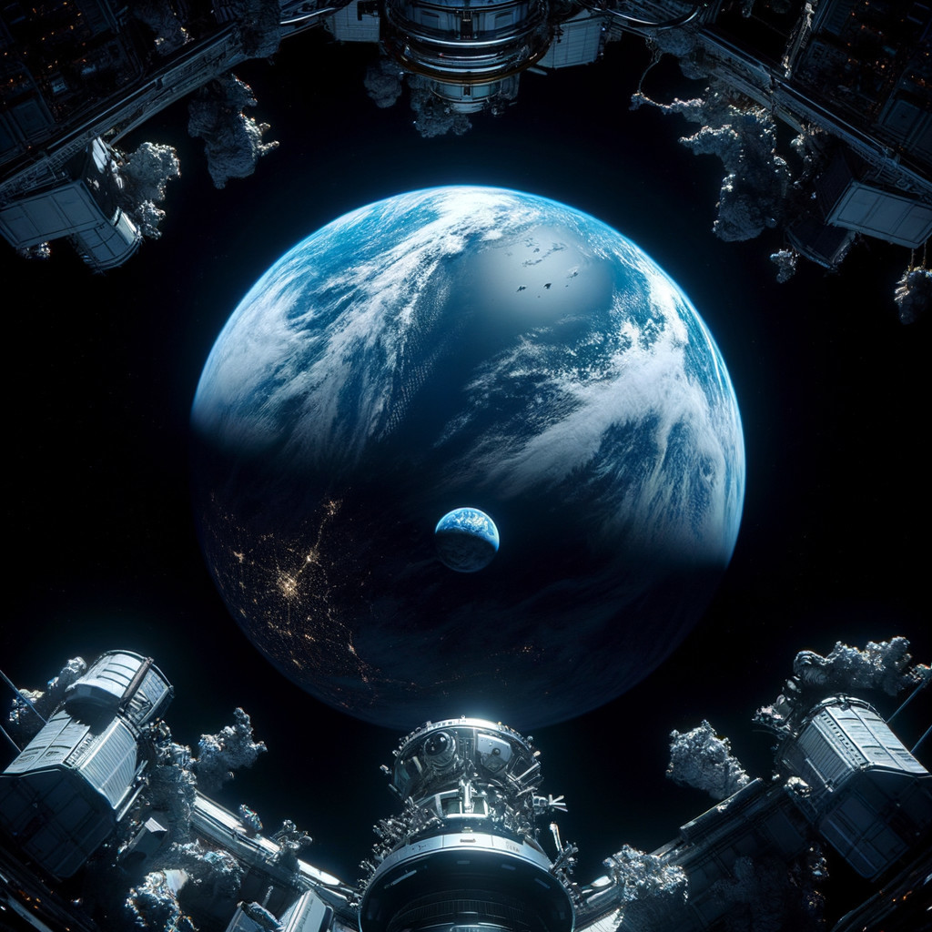 Earth Viewed from Space with Futuristic Spacecraft