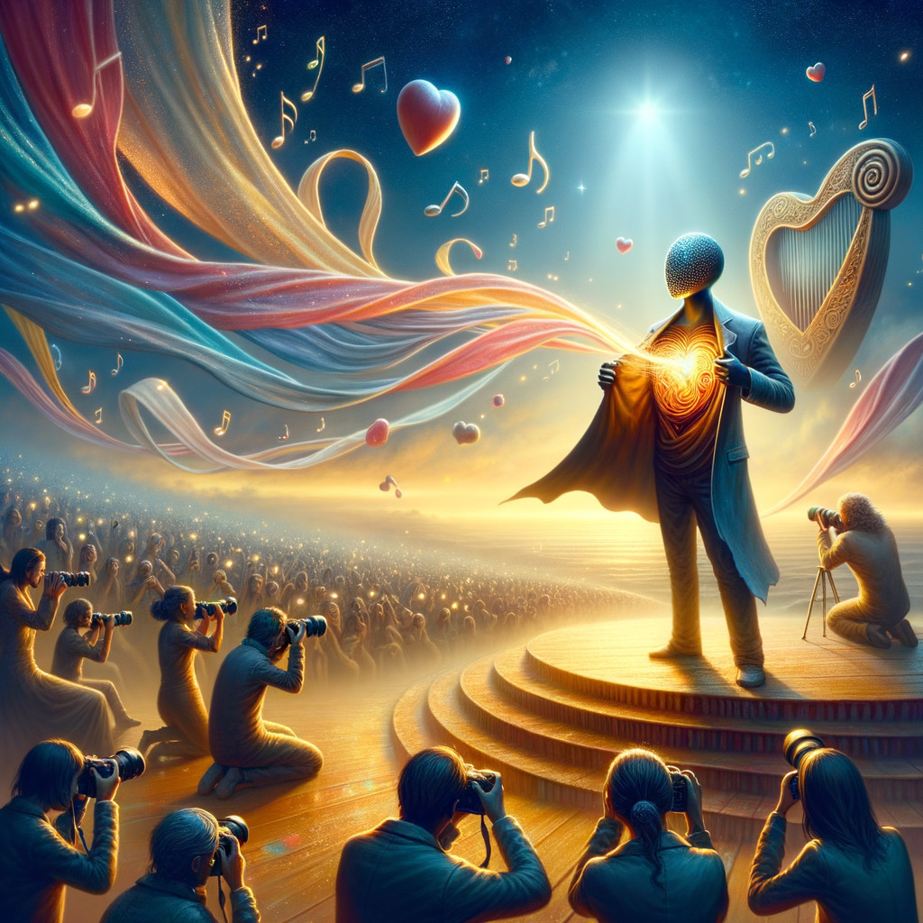 Musician on Stage with Glowing Heart and Audience