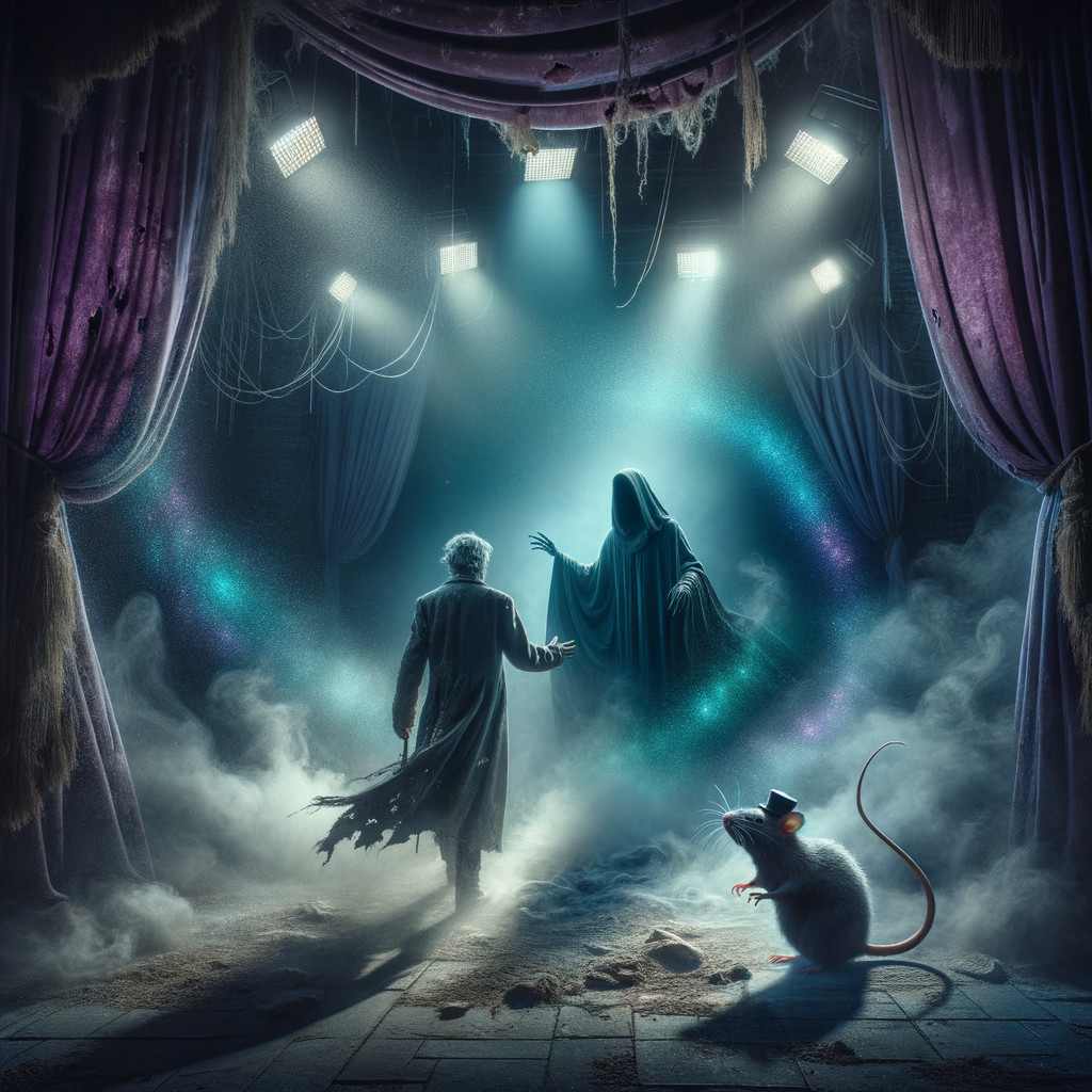 Cloaked Figure and Suit-Clad Man on Dim Stage