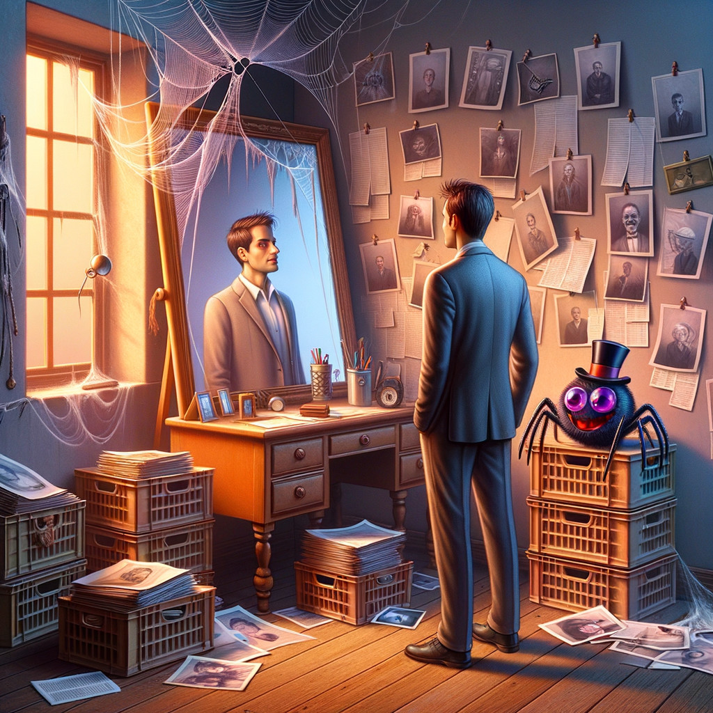 Man in Suit Reflects in Dim Room with Spider Decor