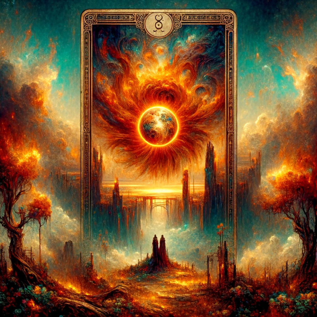 Surreal Landscape with Fiery Sun and Mythical Elements