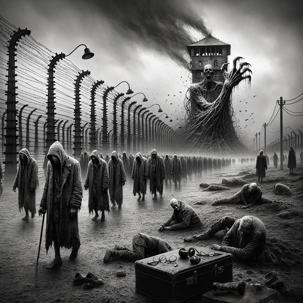 Dystopian Scene with Skeleton and Hooded Figures