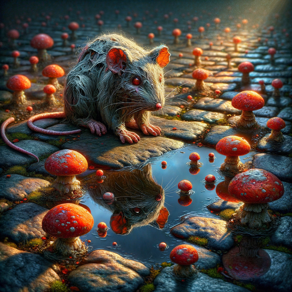 Mystical Mouse Surrounded by Red Mushrooms and Water