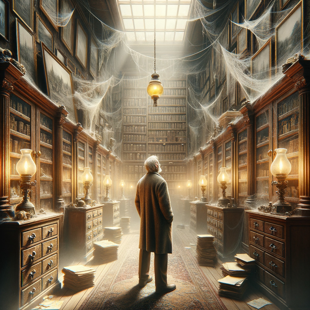 Grand library with dusty books and antique lamps