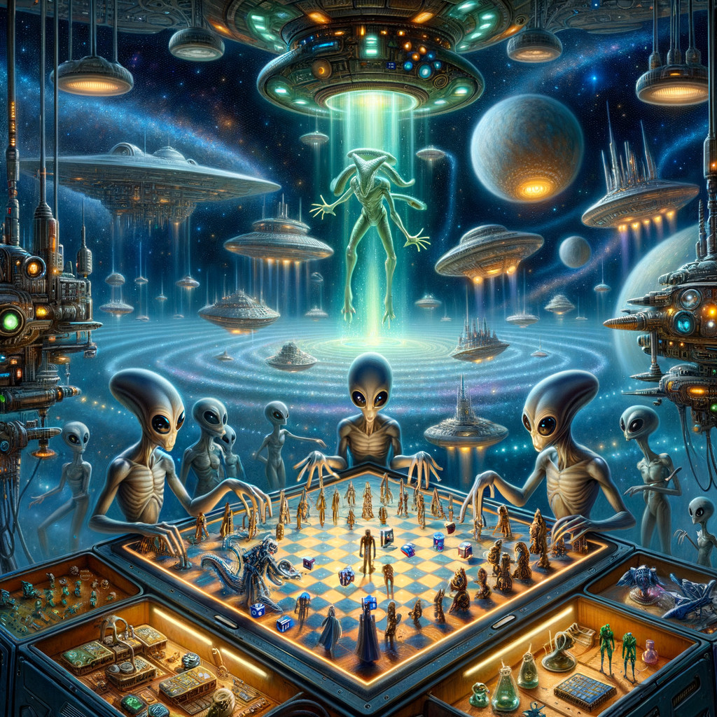 Alien Figures Playing Chess in a Cosmic Setting