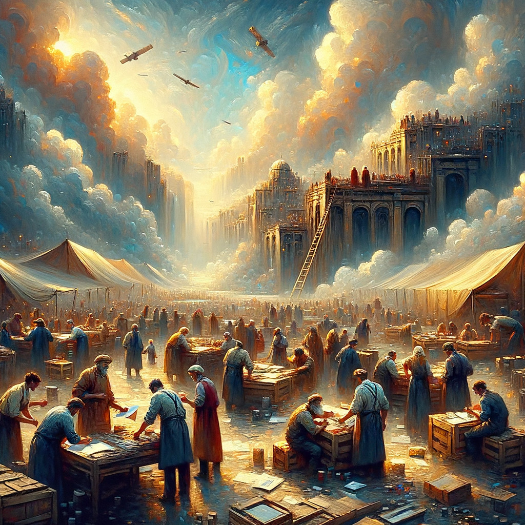 Market Scene with Laborers and Dramatic Sky