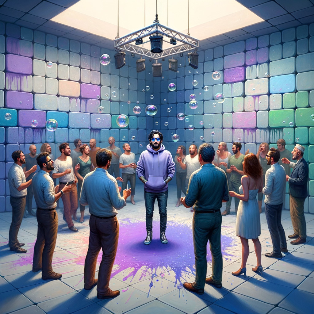 Vibrant Scene with Central Figure in Purple Hoodie