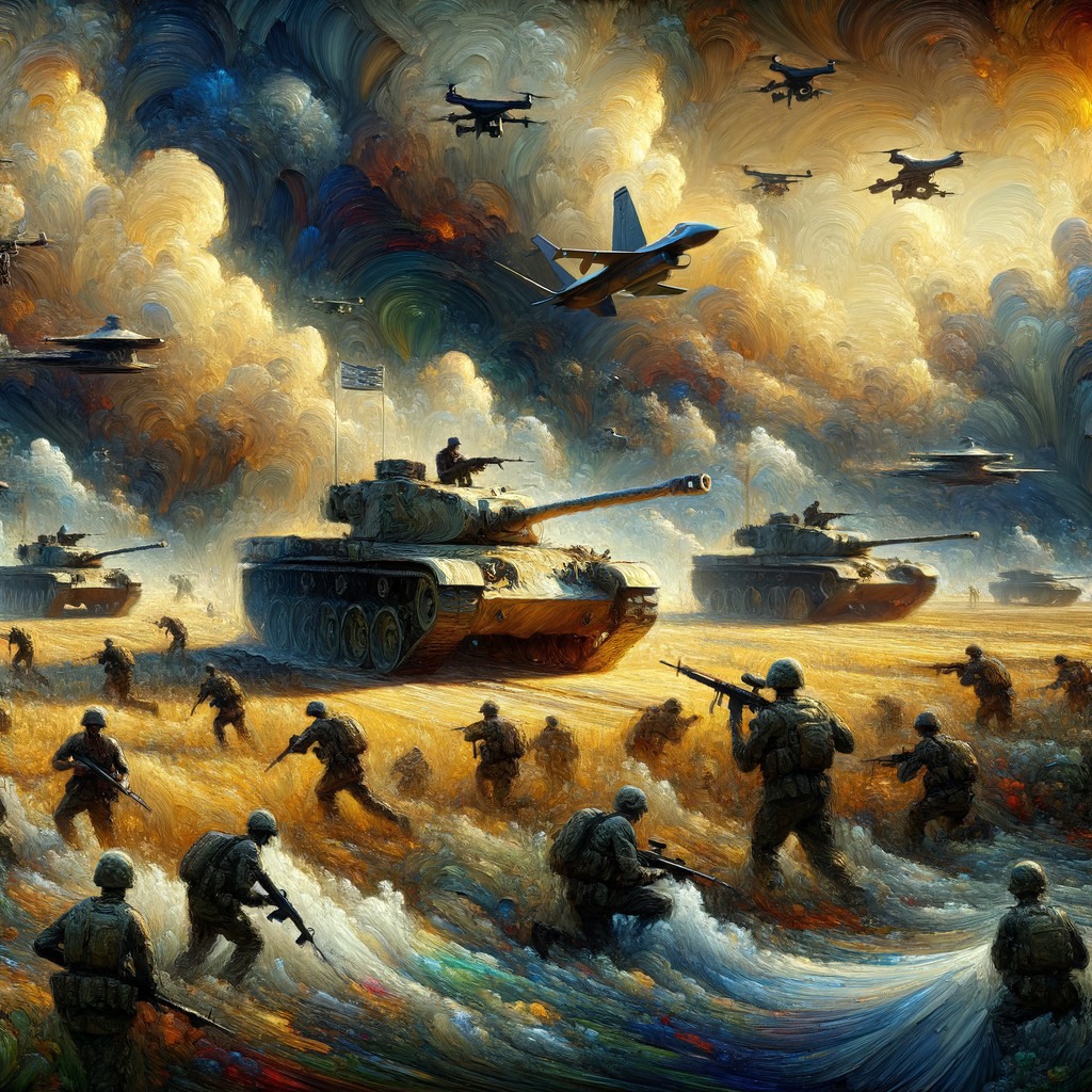 Battlefield Scene with Tanks, Soldiers, and Jets