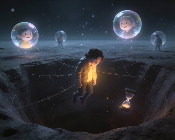 3D Digital Artwork of Boy Floating Over Crater