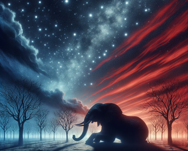 Elephant Silhouette Against Cosmic Sunset Background